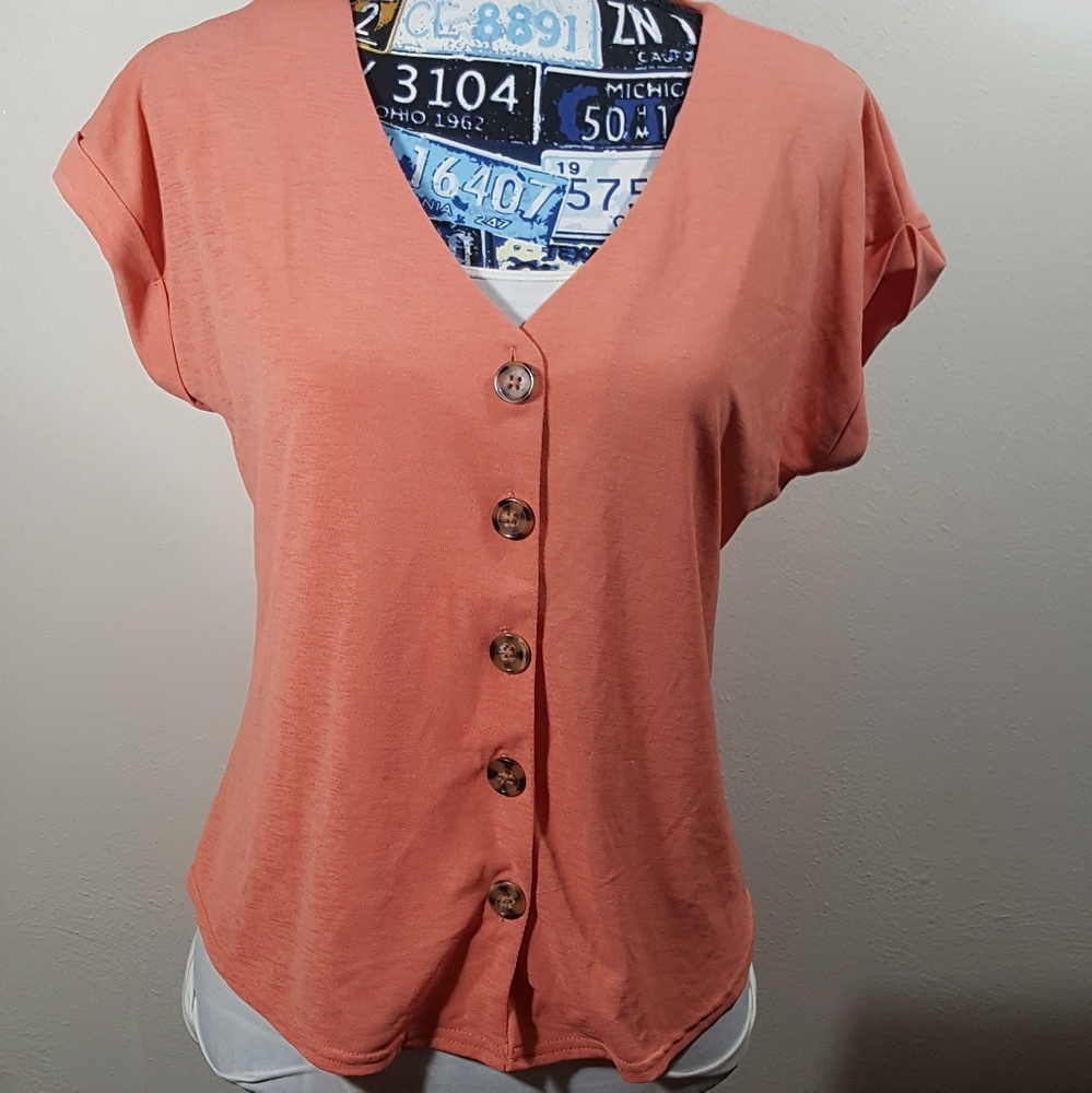 Salmon short sleeve button down blouse